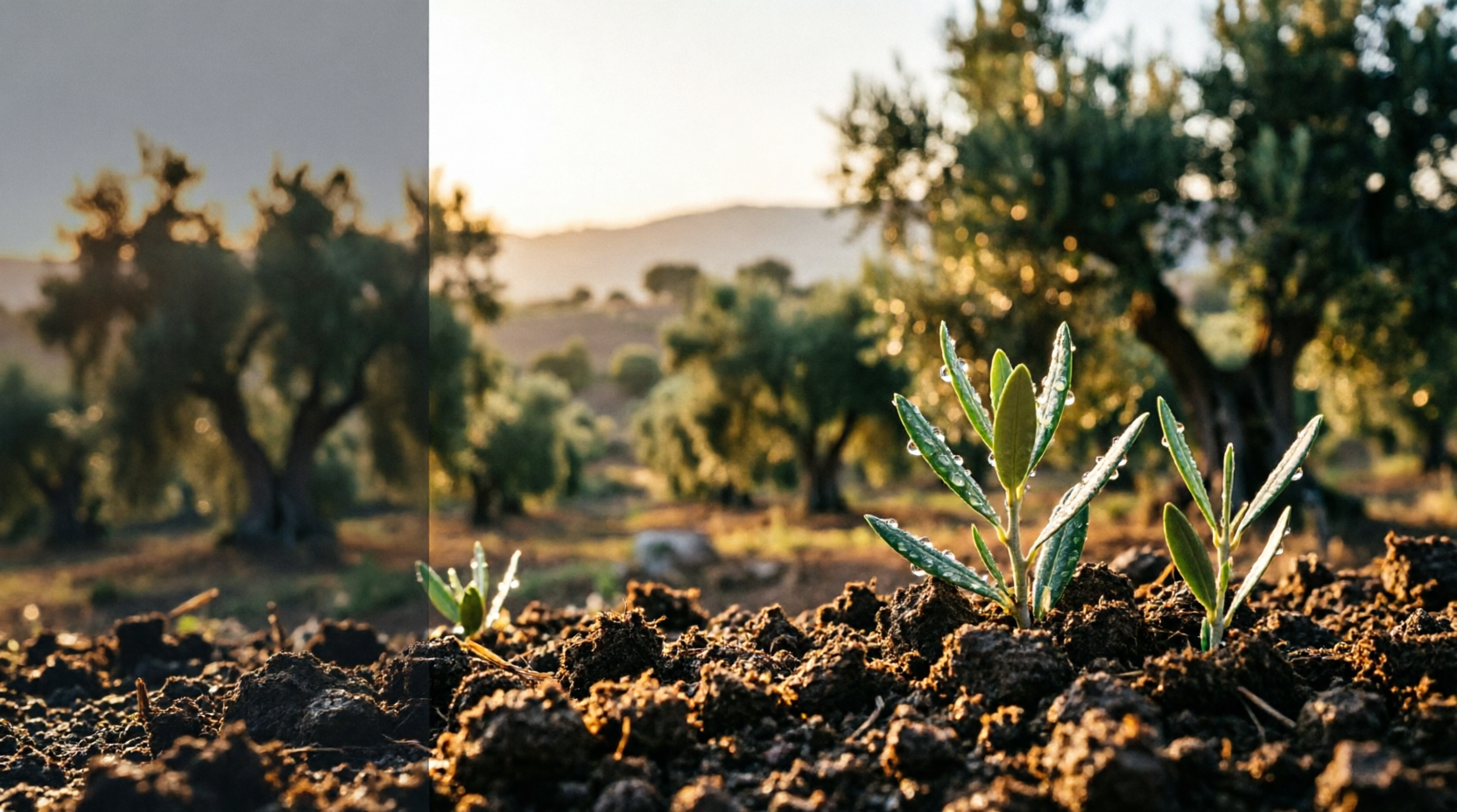 Young olive sapling in a sunlit grove