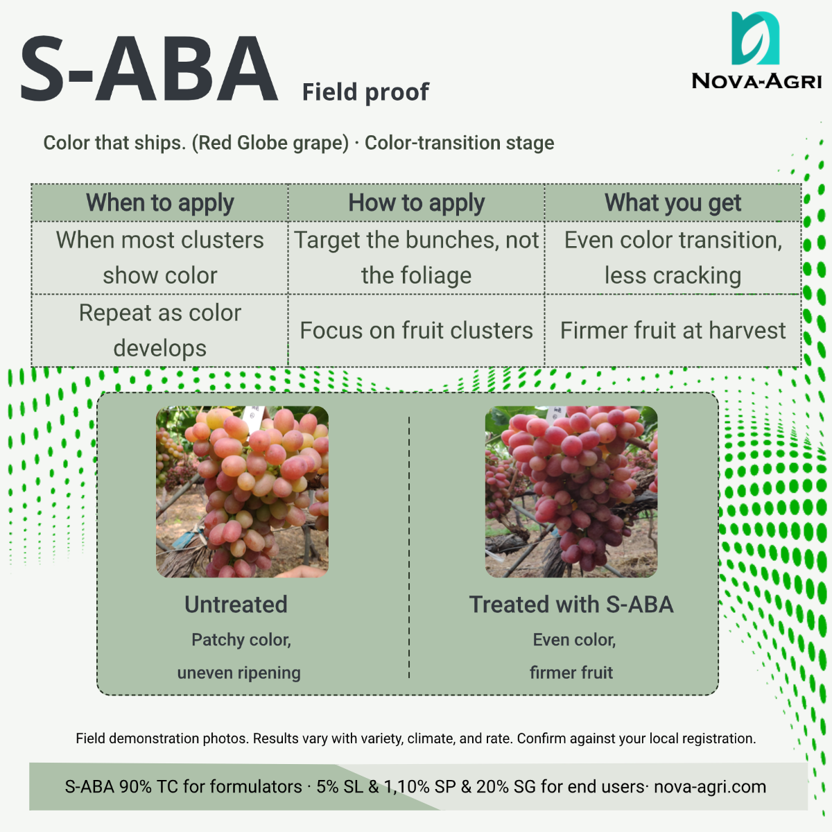 S-ABA (S-abscisic acid, CAS 21293-29-8) triggers the vine's own anthocyanin pathway without accelerating ripening, so berries stay firm and store well.